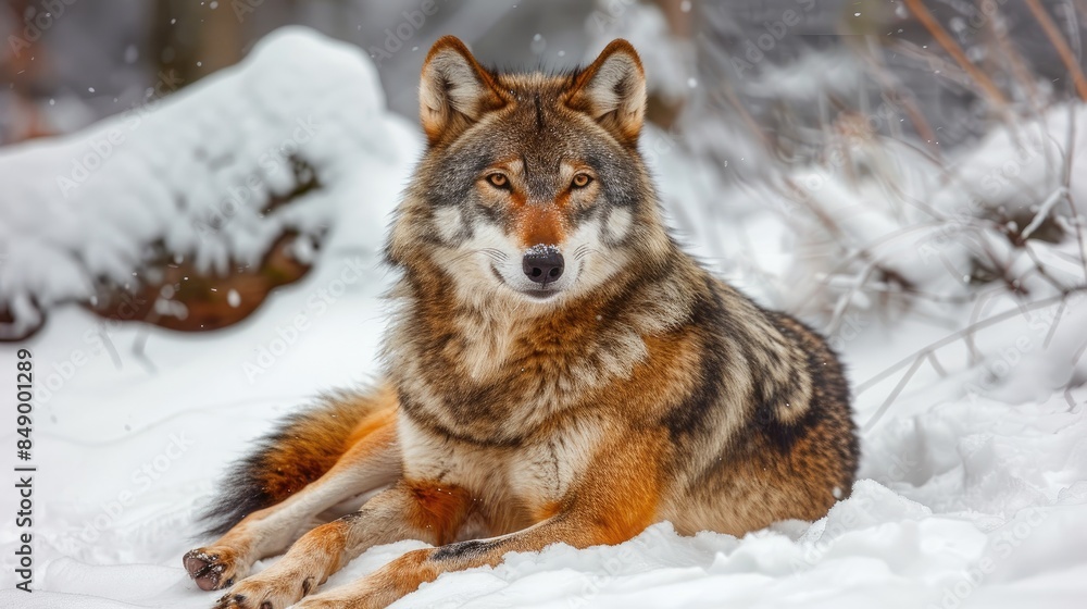 Wolf on white snow is a predatory animal Female wolf sitting on the snow Wolf on white snow is a predatory animal Female wolf sitting on the snow
