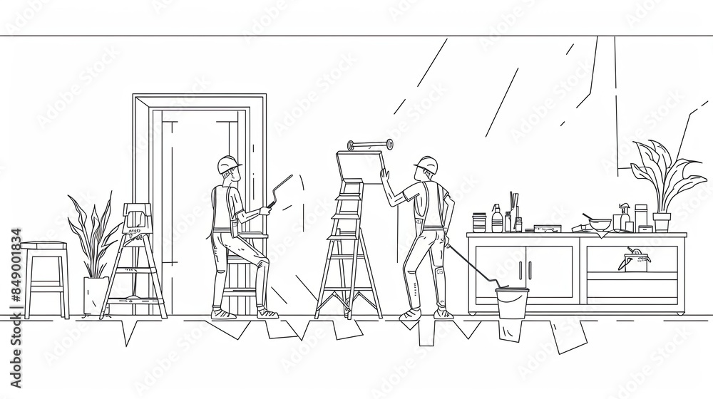 Fototapeta premium A line drawing of two painters working on an apartment wall. One painter is on a ladder, rolling paint on the wall while the other painter stands on a stepladder, holding a brush. Generative AI
