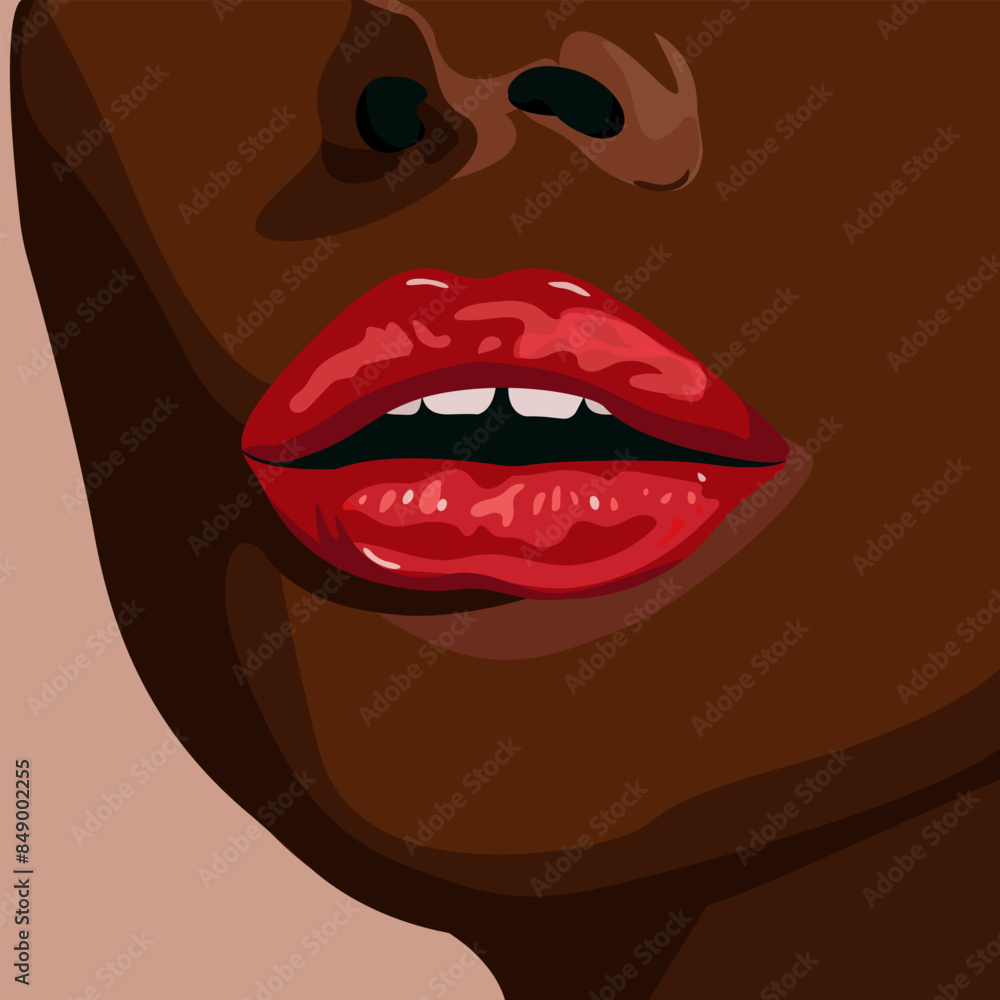 Naklejka premium Young dark skinned girl with bright lips Applies red lipstick on her plump lips. Advertising lipstick. Illustration for advertising, poster for beauty salon. Cosmetology, makeup artist, beauty. Vect
