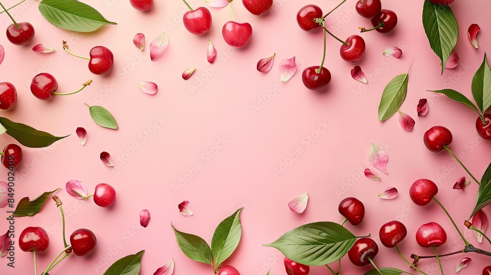 A background of ripe juicy cherries among green leaves on a pink background. A sweet healthy snack. A background of ripe juicy cherries among green leaves on a pink background. A sweet healthy snack.