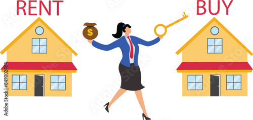 House buy or rent concept with businesswomen carrying signs with the words buy or rent, buying house, rent apartment, vector illustration with flat design style
