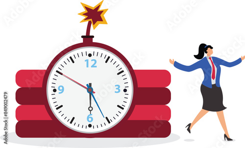 Project deadline, time management, Fearful businesswoman running away from detonated time countdown bomb about to explode