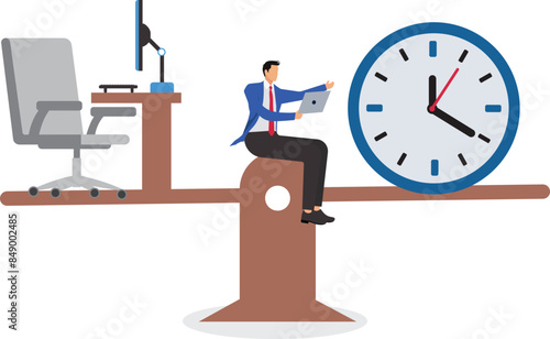 Work life balance, flexible working hours, time management for work, businessman working on desk with seesaw and clock balance concept