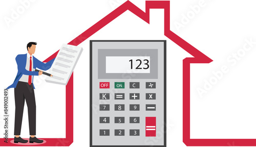 House mortgage cost calculation, budget assumptions on real estate investment, businessman holding pencil with calculator home concept vector