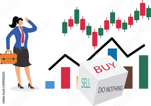 Make decisions to buy or sell stock investments, Global strategy trading and investing money, Business chance bet and finance chart, businesswoman with betting dice buying or selling stock investments