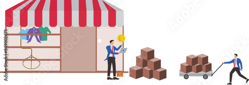 Product Distribution Franchising, checking stock of goods from franchise businesses, businessman stands next to a franchise shop while checking the availability of raw goods