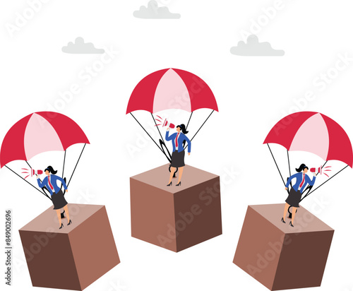 Dropshipping business marketing strategy, promotion on the drop shipping business, businesswoman promotes his drop shipping business using a megaphone while riding a flying parachute with package