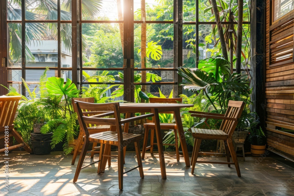 Obraz premium Beautiful indoor wooden terrace with garden furniture surrounded by greenery on a warm, summer day with warm sun light