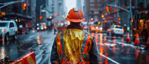 Construction worker directing traffic around a construction site photo