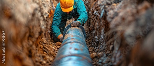 Construction worker in a trench laying pipes