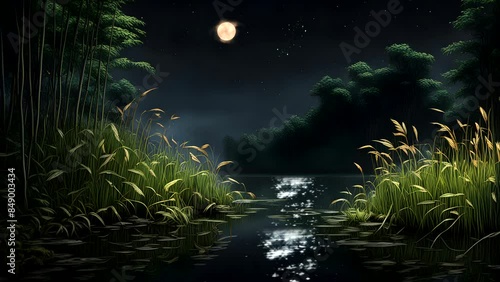 A beautiful lake scene at night, with the moonlight The calm water surface reflects the soft sparkle of the moon, and the green grass around it. Seamless looping 4k time-lapse animation video backgrou photo