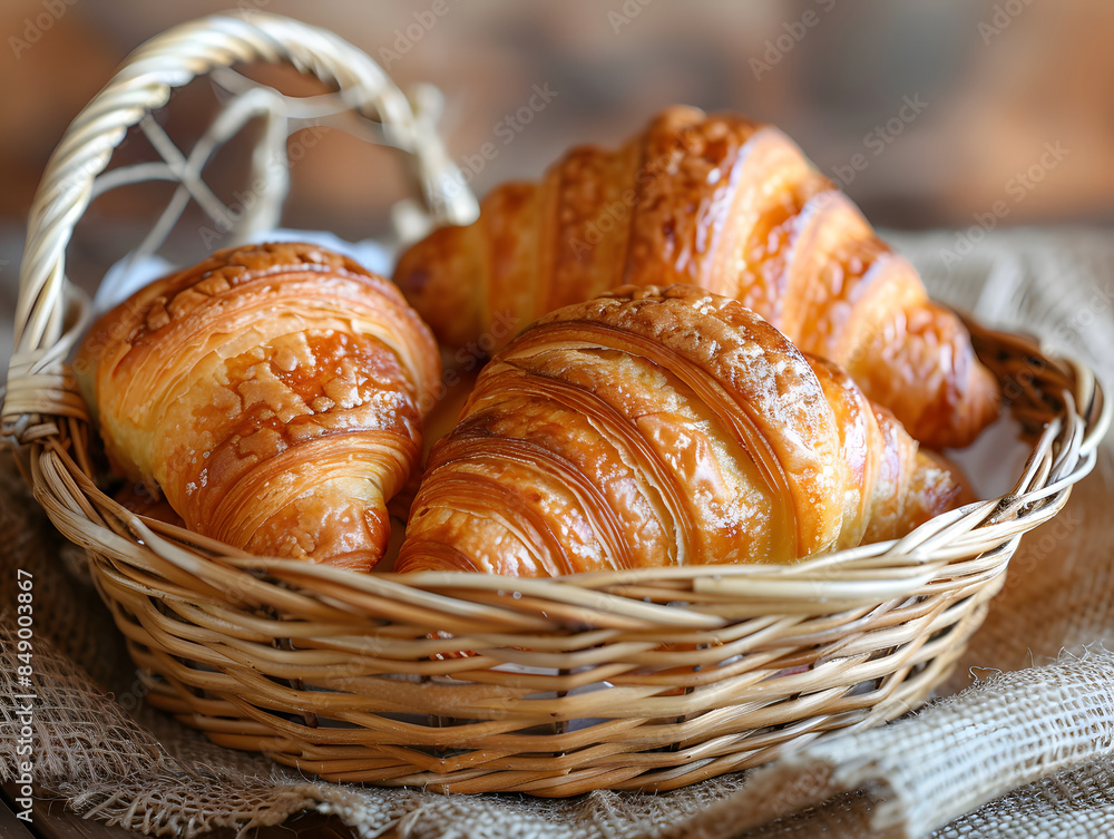 a basket of croissants on a table. The croissants are golden-brown and flaky. a basket of croissants on a table. The croissants are golden-brown and flaky.