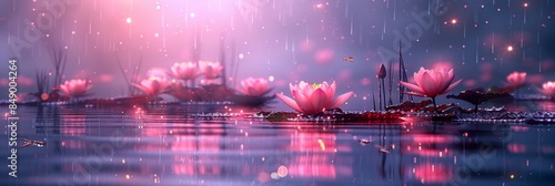 Beautiful pink and purple landscape with rustling leaves, hopping frogs and lotus flowers banner with copy space for text photo