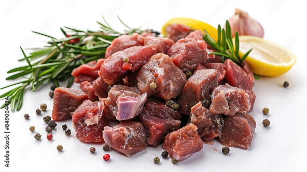 Fresh raw diced meat with herbs, garlic, black peppercorns, and lemon slices on a white background. Ready for cooking delicious meals. Fresh raw diced meat with herbs, garlic, black peppercorns, and lemon slices on a white background. Ready for cooking delicious meals.