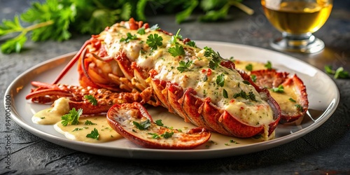 Decadent lobster Thermidor dish with creamy sauce and rich flavor , lobster, Thermidor, gourmet, French cuisine