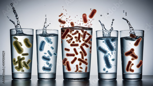 Glass with dirty water  as water pollution concept. hygiene and health concept with germs stickers on it. photo