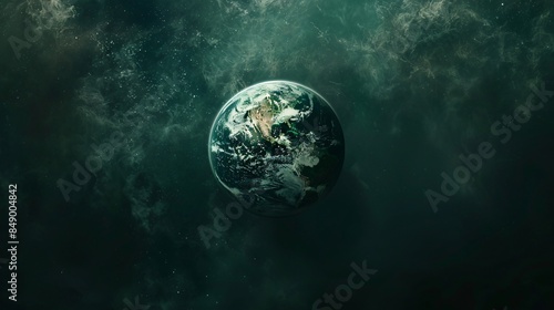 Fototapeta Naklejka Na Ścianę i Meble -  A topdown view of Earth, centered in the middle with a dark green background. The planet is depicted as a small and detailed model floating above an abstract landscape, emphasizing its size and