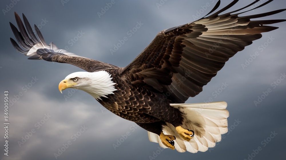 Fototapeta premium US Independence Day July 4th, a soaring bald eagle against a daytime cloudy sky. AI generated.