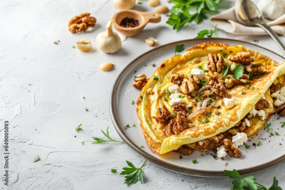 Fototapeta premium trendy omelet with goat cheese, walnuts and caramelized red onions on white background with copy space for text