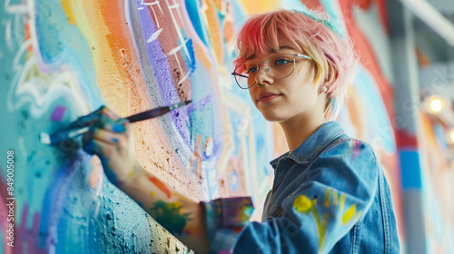 a detailed image of a genderqueer person participating in a school art class, painting a colorful mural, Gender-diverse people, LGBTQ+, living freely, happily at school, friends, f