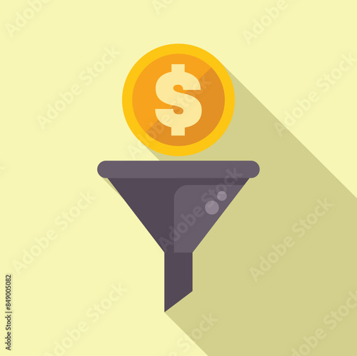 Dollar coin falling into a funnel, illustrating the concept of sales funnel and lead generation