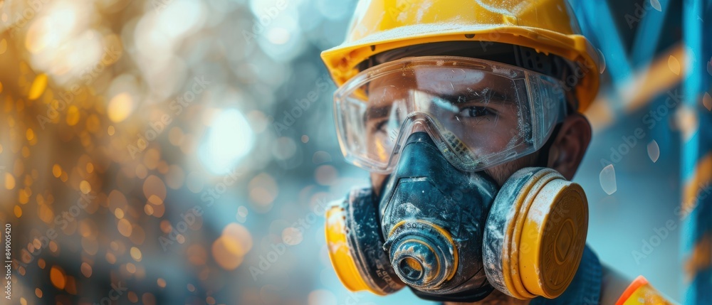 Construction worker wearing a dust mask while sanding Construction worker wearing a dust mask while sanding