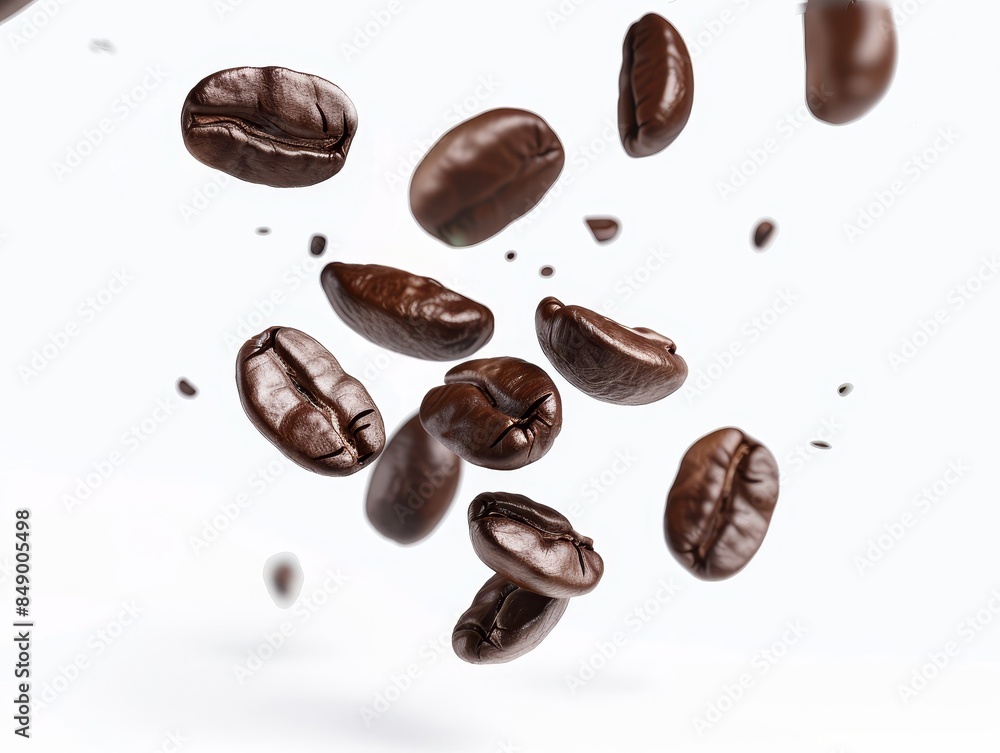 Floating coffee beans isolated on a white background, capturing the rich texture and details of each bean. Floating coffee beans isolated on a white background, capturing the rich texture and details of each bean.