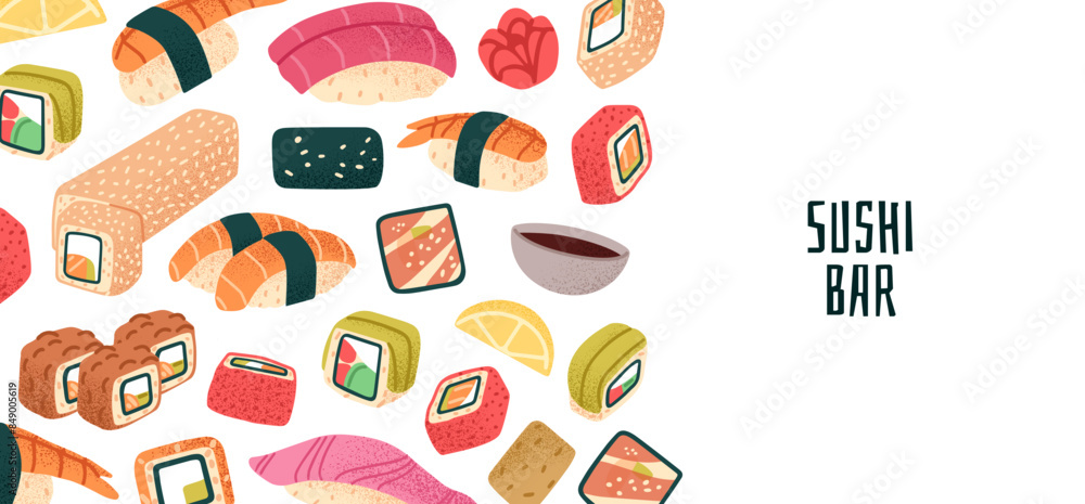 Different sushi on advertising banner. Design of Japanese restaurant menu. Template of horizontal cover with soy sauce, Asian rolls with salmon, rice. Seafood background. Flat vector illustration Different sushi on advertising banner. Design of Japanese restaurant menu. Template of horizontal cover with soy sauce, Asian rolls with salmon, rice. Seafood background. Flat vector illustration