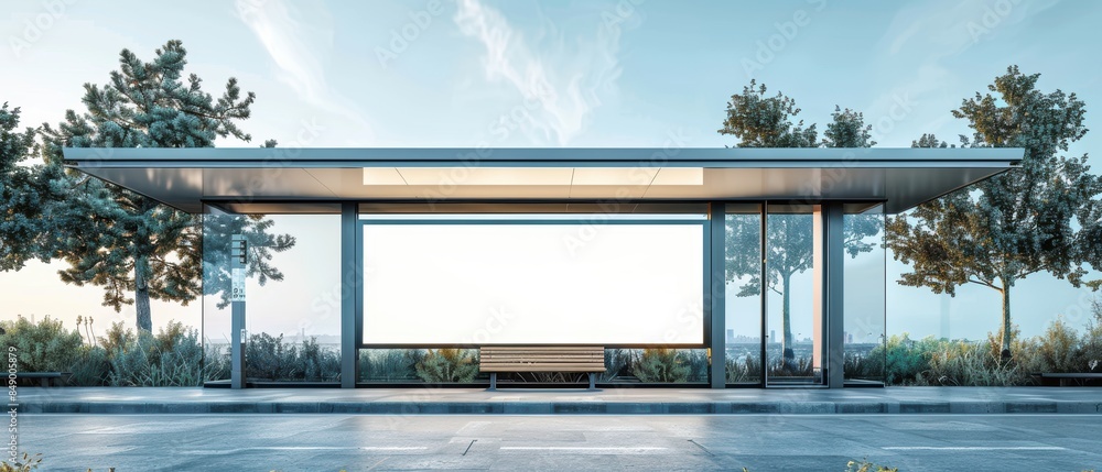 Fototapeta premium Contemporary city bus stop with an empty billboard, sleek bench, glass and steel design
