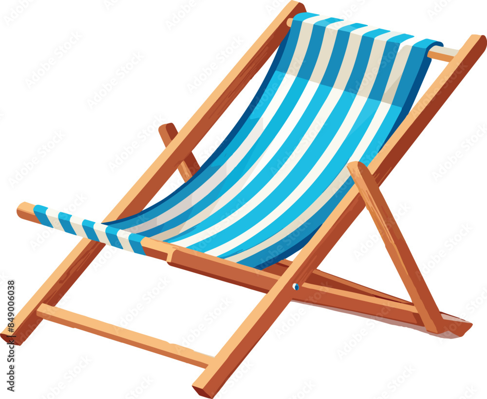Wooden beach lounge chair with blue stripes inviting to relax Wooden beach lounge chair with blue stripes inviting to relax