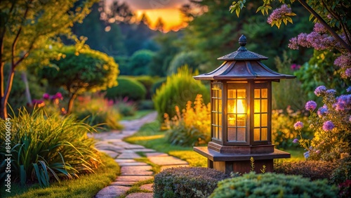 A serene lantern glowing in a peaceful garden at dusk, lantern, garden, dusk, serene, peaceful, ambiance, tranquil photo
