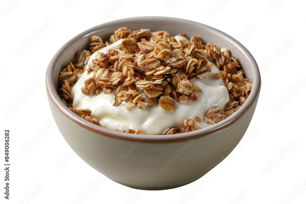A bowl of yogurt topped with granola, perfect for a healthy breakfast or snack. A bowl of yogurt topped with granola, perfect for a healthy breakfast or snack.