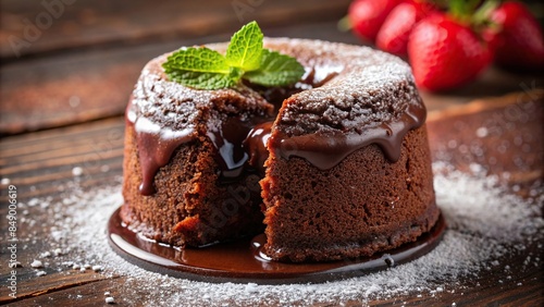 Decadent macro shot of chocolate lava cake with molten center, chocolate, lava cake, decadent, dessert photo