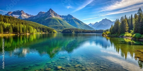 Beautiful lake and mountain background in bright day, scenic, landscape, nature, tranquil, picturesque, serene