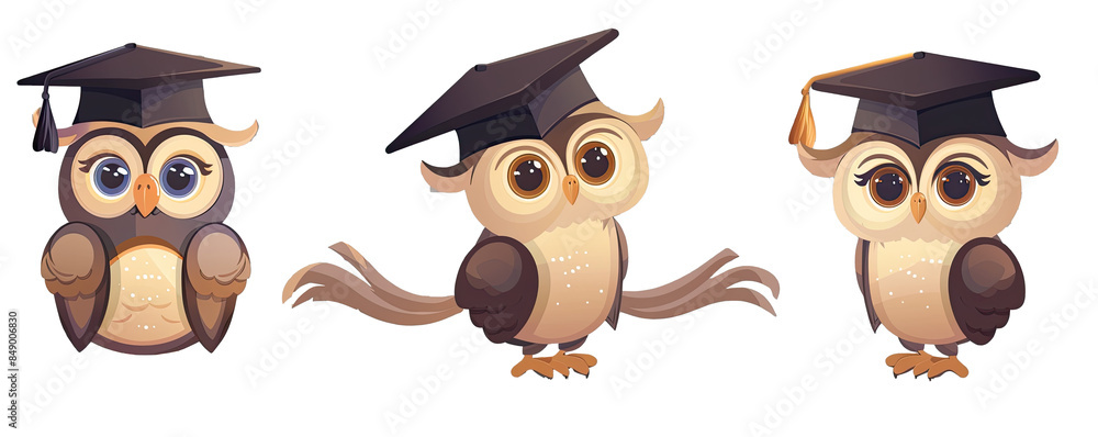 Fototapeta premium Adorable owls wearing graduation caps, symbolizing wisdom, achievement, and education.
