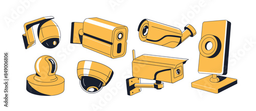 Set of monochrome CCTV cameras. Different cams of video surveillance systems for safety. Security equipment with lens for observation. Contoured flat isolated vector illustrations on white background