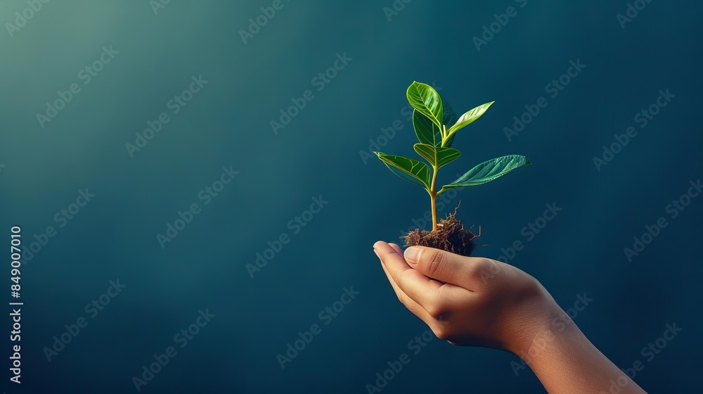 A human hand delicately holding a digital plant against a dark blue backdrop A human hand delicately holding a digital plant against a dark blue backdrop