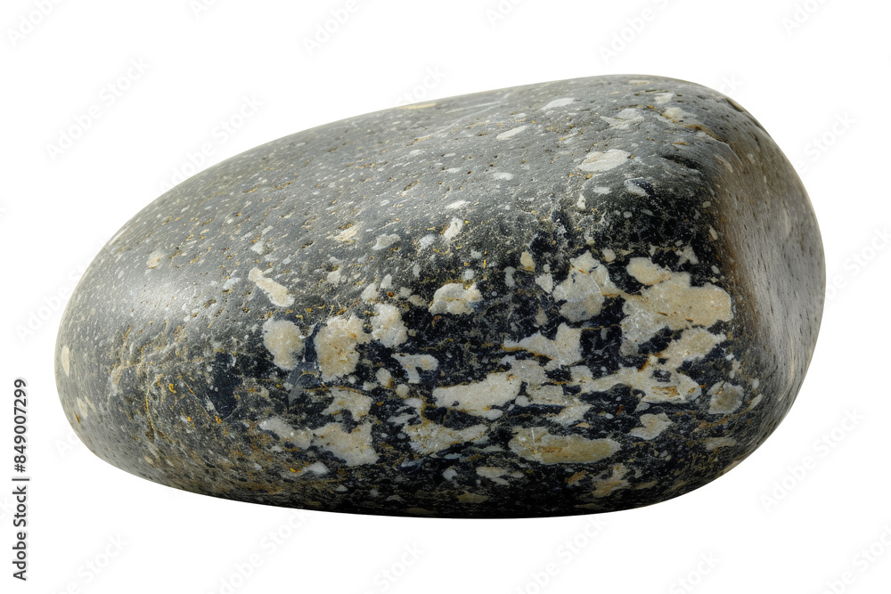 A smooth, gray and white speckled stone isolated on a black background. A smooth, gray and white speckled stone isolated on a black background.