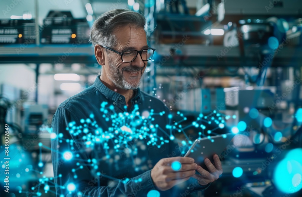 A smiling middle-aged businessman in glasses is holding tablet A smiling middle-aged businessman in glasses is holding tablet