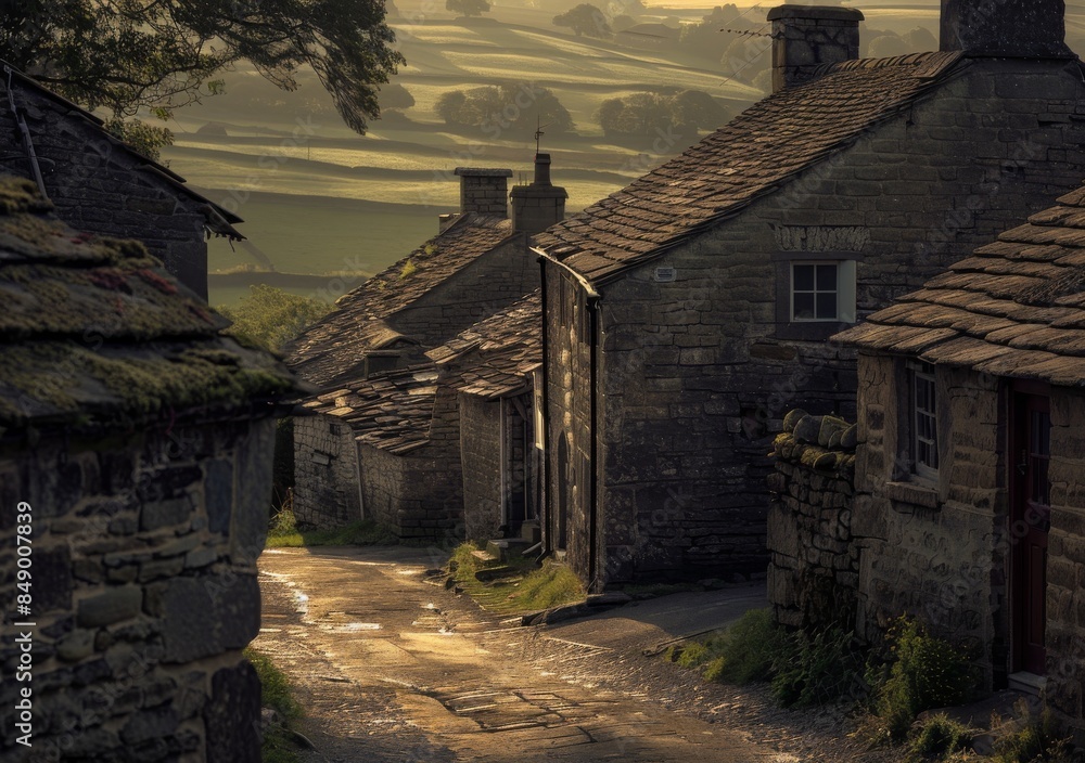 Old Yorkshire English village street, stone buildings, rustic charm, golden hour lighting, in the distance is rolling green hills, atmospheric, moody, beautiful. Old Yorkshire English village street, stone buildings, rustic charm, golden hour lighting, in the distance is rolling green hills, atmospheric, moody, beautiful.