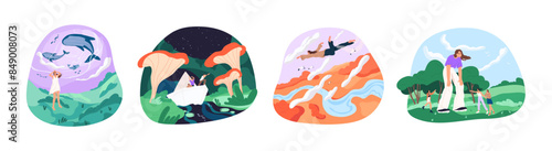 Set of night dreams. People are giant or flying in the sky in fantasies. Magic whales fly in dreamers' imagination. Mysteries, fiction wonderland in sleep. Flat vector illustration isolated on white