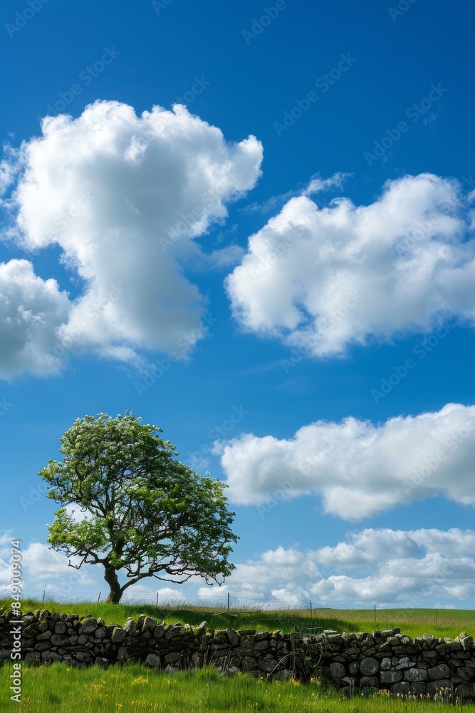 Obraz premium photograph of the irish countryside with blue sky and white clouds, a dry stone wall in front of it leading to an isolated tree on flat green grassland.