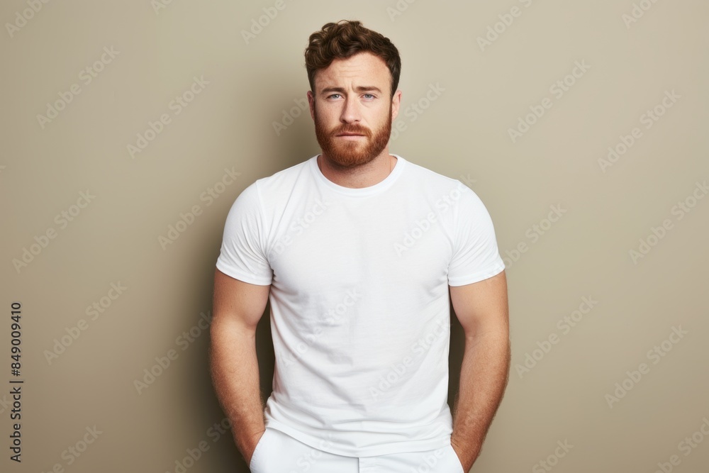 Portrait of a content man in his 30s donning a trendy cropped top while standing against blank studio backdrop Portrait of a content man in his 30s donning a trendy cropped top while standing against blank studio backdrop