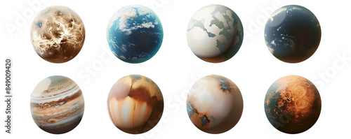 Wallpaper Mural Set of eight diverse planets with unique textures and colors, showcasing the beauty of outer space. Torontodigital.ca