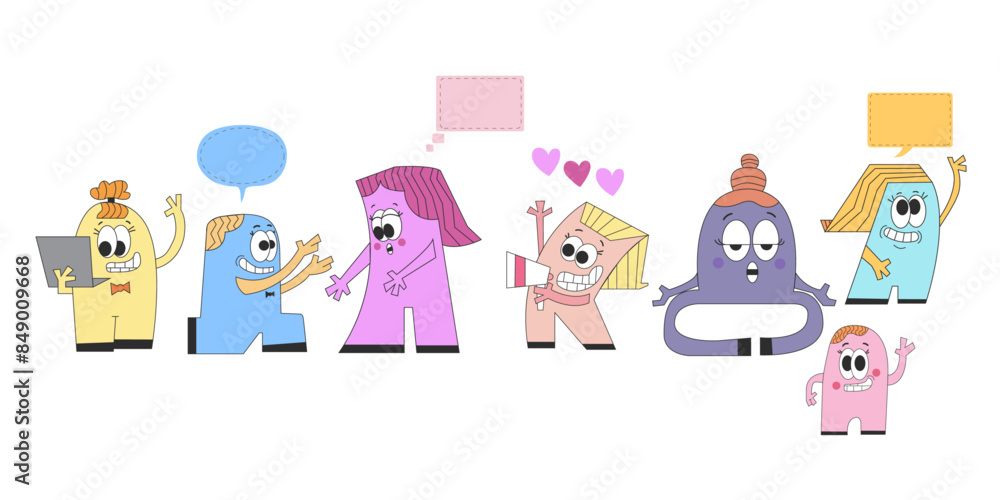 cute retro style cartoon with speech bubble, proposal cartoon,yoga cartoon,cartoon with loud speaker, vector design set. cute retro style cartoon with speech bubble, proposal cartoon,yoga cartoon,cartoon with loud speaker, vector design set.