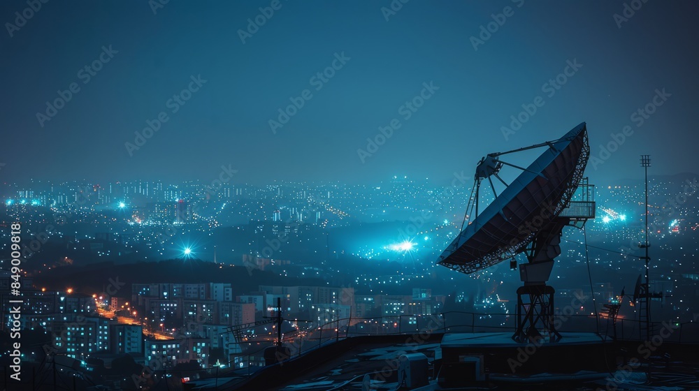 Satellite dish overlooking a city at night Satellite dish overlooking a city at night