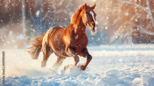 Energetic and fit chestnut gelding horse galloping in snowy winter photo