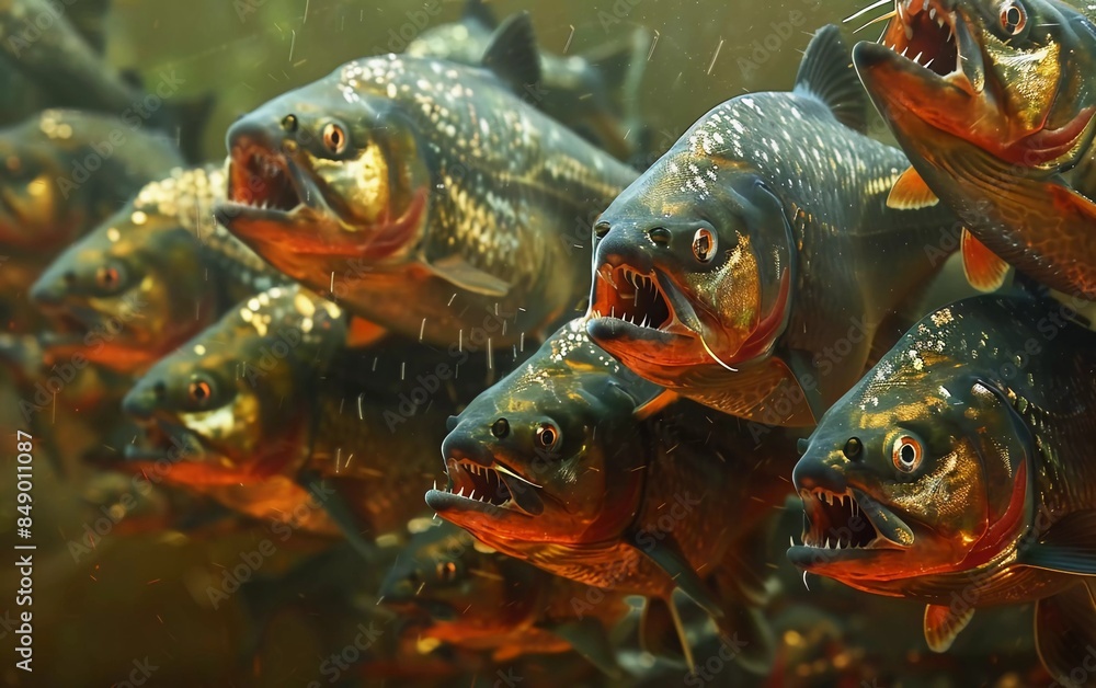 dangerous flock of red-bellied piranhas, a species of adult ornamental fish with sharp teeth from the Amazon river basin dangerous flock of red-bellied piranhas, a species of adult ornamental fish with sharp teeth from the Amazon river basin