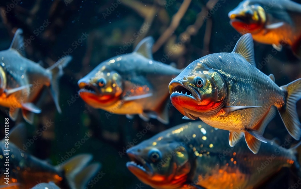 dangerous flock of red-bellied piranhas, a species of adult ornamental fish with sharp teeth from the Amazon river basin dangerous flock of red-bellied piranhas, a species of adult ornamental fish with sharp teeth from the Amazon river basin