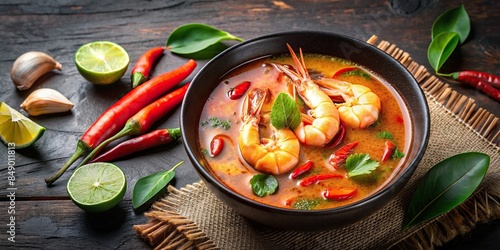 Spicy and aromatic Thai tom yum goong soup with shrimp, lemongrass, and chili peppers, spicy, aromatic, Thai cuisine photo